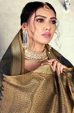Load image into Gallery viewer, GJ Black Diamond Ebony Black Zari Woven Design Cotton Blend Saree