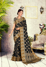 Load image into Gallery viewer, GJ Black Diamond Pitch Black Zari Woven Design Cotton Blend Saree