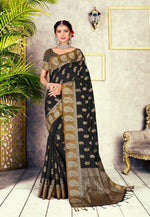 Load image into Gallery viewer, GJ Black Diamond Jade Black Zari Woven Design Cotton Blend Saree