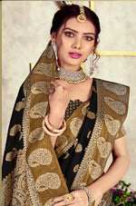 Load image into Gallery viewer, GJ Black Diamond Jade Black Zari Woven Design Cotton Blend Saree