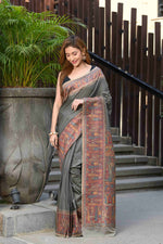 Load image into Gallery viewer, Aardhya Grey Jamewar Kashmiri Soft Modal Silk Saree