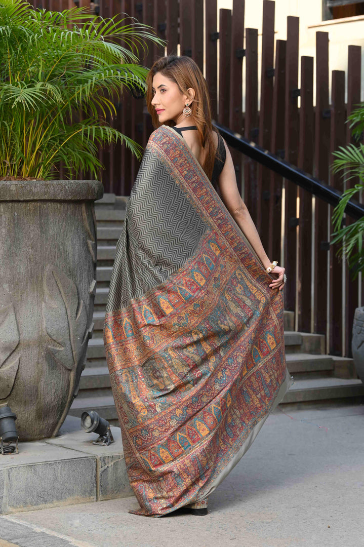 Aardhya Grey Jamewar Kashmiri Soft Modal Silk Saree