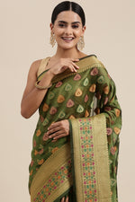 Load image into Gallery viewer, Aarvi Pickle Green Zari Woven Design Banarasi Organza Saree