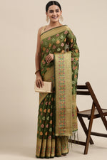 Load image into Gallery viewer, Aarvi Pickle Green Zari Woven Design Banarasi Organza Saree