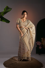 Load image into Gallery viewer, Ajrakh Beige Muga Cotton Woven Saree With Unstitched Blouse Piece