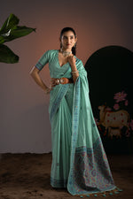 Load image into Gallery viewer, Ajrakh Blue Muga Cotton Woven Saree With Unstitched Blouse Piece