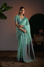 Load image into Gallery viewer, Ajrakh Blue Muga Cotton Woven Saree With Unstitched Blouse Piece