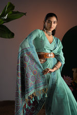 Load image into Gallery viewer, Ajrakh Blue Muga Cotton Woven Saree With Unstitched Blouse Piece