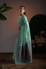 Load image into Gallery viewer, Ajrakh Blue Muga Cotton Woven Saree With Unstitched Blouse Piece