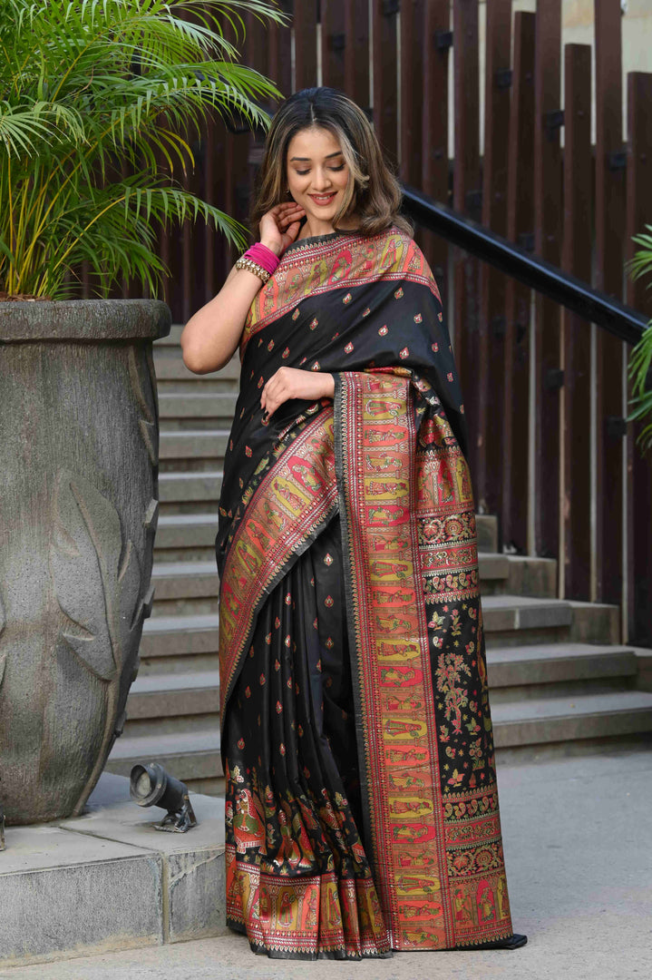 Alankar Intense Black Jamewar Kashmiri Soft Modal Silk Saree
