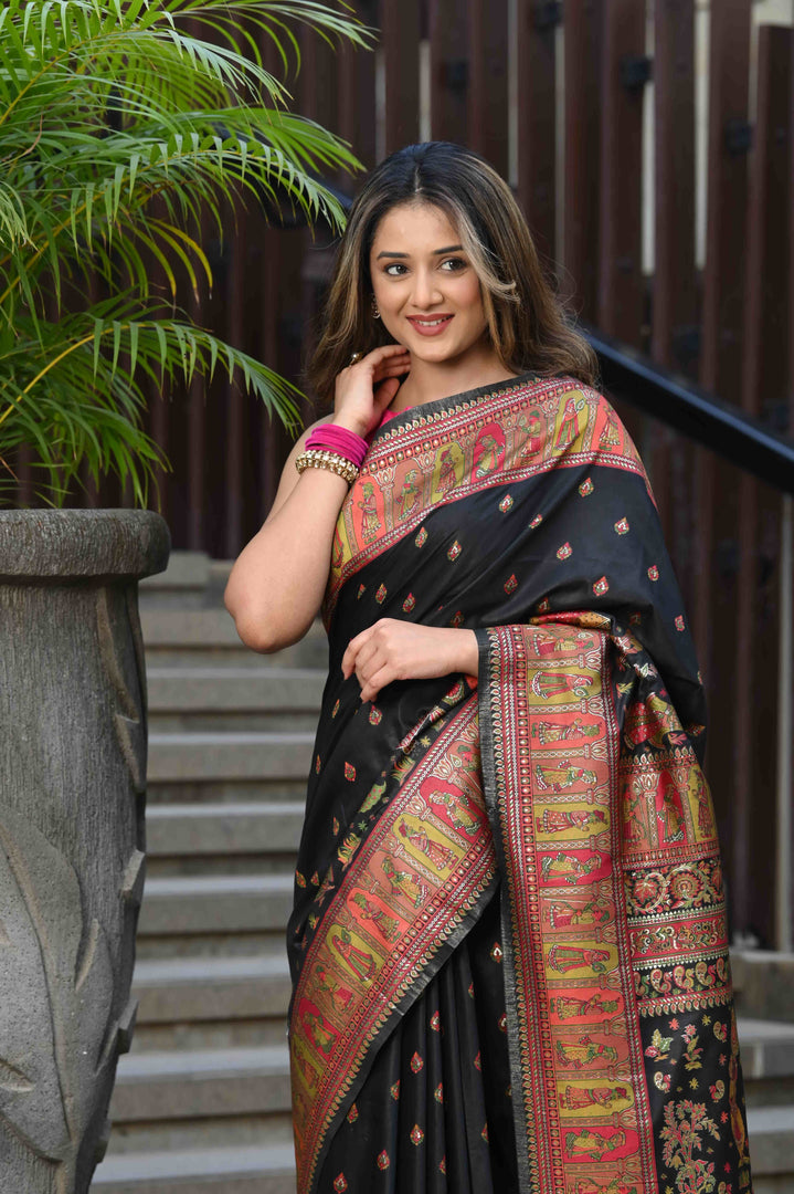 Alankar Intense Black Jamewar Kashmiri Soft Modal Silk Saree