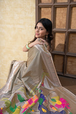 Load image into Gallery viewer, Antara Grey Paithani Soft Blended Silk Saree