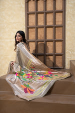 Load image into Gallery viewer, Antara Grey Paithani Soft Blended Silk Saree