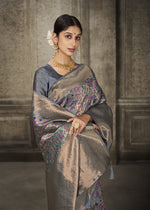 Load image into Gallery viewer, Aroma Glacier Grey Woven Banarasi Art Silk Saree
