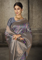 Load image into Gallery viewer, Aroma Glacier Grey Woven Banarasi Art Silk Saree