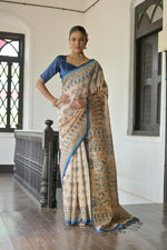 Load image into Gallery viewer, Beige & Navy Soft Tussar Silk Madhubani Printed Saree