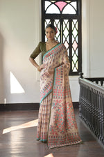Load image into Gallery viewer, Beige & Olive Green Soft Tussar Silk Madhubani Printed Saree