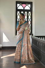 Load image into Gallery viewer, Beige & Cyan Blue Soft Tussar Silk Madhubani Printed Saree