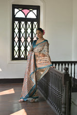 Load image into Gallery viewer, Beige & Cyan Blue Soft Tussar Silk Madhubani Printed Saree