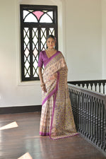 Load image into Gallery viewer, Beige & Wine Soft Tussar Silk Madhubani Printed Saree