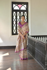 Load image into Gallery viewer, Beige & Wine Soft Tussar Silk Madhubani Printed Saree