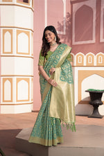 Load image into Gallery viewer, Avika Green Cotton Ikat Silk Saree