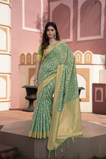Load image into Gallery viewer, Avika Green Cotton Ikat Silk Saree