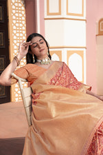 Load image into Gallery viewer, Avika Peach Cotton Ikat Silk Saree