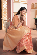 Load image into Gallery viewer, Avika Peach Cotton Ikat Silk Saree
