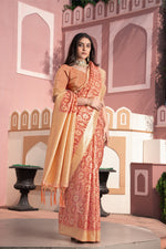 Load image into Gallery viewer, Avika Peach Cotton Ikat Silk Saree