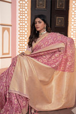 Load image into Gallery viewer, Avika Pink Cotton Ikat Silk Saree