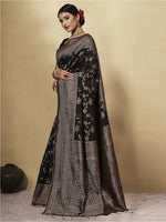 Load image into Gallery viewer, GJ Black Berry Soot Black Zari Woven Design Cotton Blend Saree