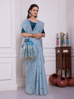 Load image into Gallery viewer, Giya Haze Blue Muga Cotton Jamdani Saree With Contrast Blouse