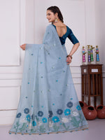 Load image into Gallery viewer, Giya Haze Blue Muga Cotton Jamdani Saree With Contrast Blouse