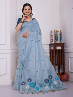Load image into Gallery viewer, Giya Haze Blue Muga Cotton Jamdani Saree With Contrast Blouse