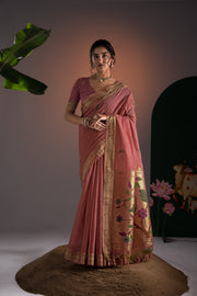 Kalakruti Pink Paithani Muga Cotton Saree With Unstitched Blouse Piece