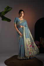Load image into Gallery viewer, Kalakruti Greyish Blue Paithani Muga Cotton Saree With Unstitched Blouse Piece
