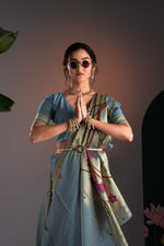 Load image into Gallery viewer, Kalakruti Greyish Blue Paithani Muga Cotton Saree With Unstitched Blouse Piece