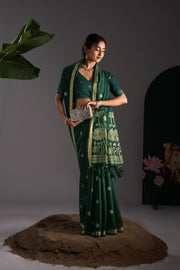 Rucha Dark Green Muga Cotton Saree With Unstitched Blouse Piece