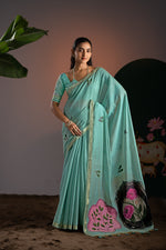 Load image into Gallery viewer, Glam Blue Muga Cotton Saree With Unstitched Blouse Piece
