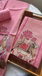 Load image into Gallery viewer, Aria Pink Muga Cotton Jamdani Pichwai Unstitched Suit Set