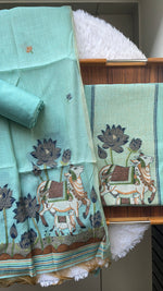 Load image into Gallery viewer, Aria Blue Muga Cotton Jamdani Pichwai Unstitched Suit Set
