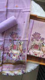 Load image into Gallery viewer, Aria Lavender Muga Cotton Jamdani Pichwai Unstitched Suit Set