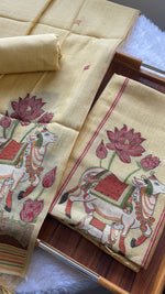 Load image into Gallery viewer, Aria Yellow Muga Cotton Jamdani Pichwai Unstitched Suit Set