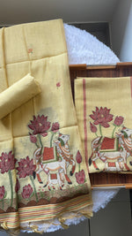 Load image into Gallery viewer, Aria Yellow Muga Cotton Jamdani Pichwai Unstitched Suit Set