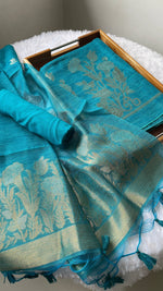 Load image into Gallery viewer, Woven Whispers Teal Blue Jamdani Muga Silk Unstitched Suit Set