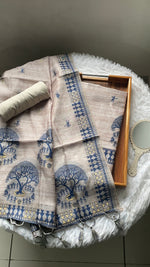 Load image into Gallery viewer, Aabroo Attire Beige & Navy Tussar Silk Unstitched Suit Set