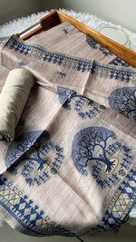 Load image into Gallery viewer, Aabroo Attire Beige & Navy Tussar Silk Unstitched Suit Set