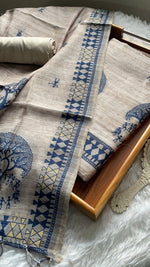 Load image into Gallery viewer, Aabroo Attire Beige & Navy Tussar Silk Unstitched Suit Set
