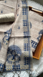 Load image into Gallery viewer, Aabroo Attire Beige & Navy Tussar Silk Unstitched Suit Set